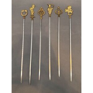 Set Of 6 Turkish Kebab Skewers Brass Figures Stainless Steel